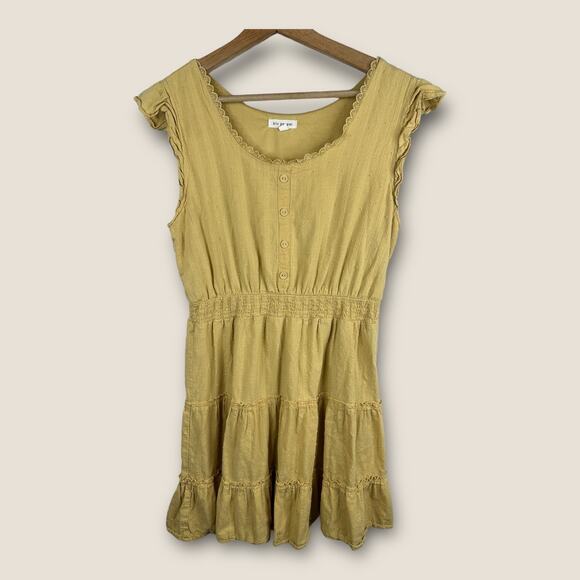 Blu Pepper Womens size Large Tiered Swiss Dot Sundress Yellow Prairie Bohemian - Picture 1 of 9